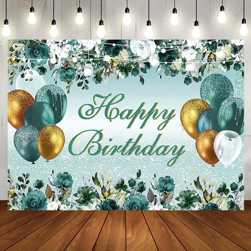 Aperturee Pine Green Glitter Gold Happy Birthday Backdrop