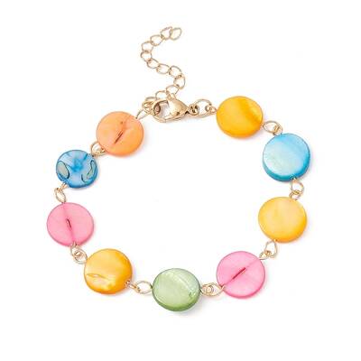 Natural Shell Flat Round Link Chain Bracelet