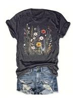 Women's Floral Print Round Neck Tee, Vintage Trendy Casual Fitted Short Sleeve T-shirt for Daily Wear Back To School, Graphic...