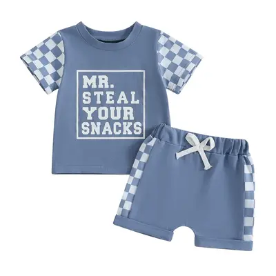 Boys Summer Shorts Sets Short Sleeve O Neck Letter Checkerboard Print Tops and Shorts Sets
