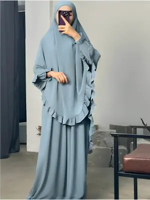 Ramadan Muslim Women 2 Piece Jilbab Set – Long Abaya Khimar with Hijab for Prayer,Muslim Clothes for Women, Please Purchase...
