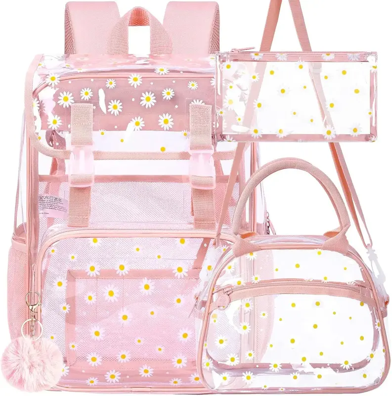 3PCS Clear Backpack for Girls Women, Heavy Duty See Through PVC School Bookbag with Lunch Box, Large Stadium Approved Transpa...