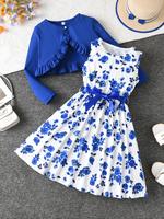 Two-piece Set Girl's Crop Outerwear & Floral Print Dress Set, Casual Round Neck Long Sleeve Top & A-line Dress for Daily Wear...