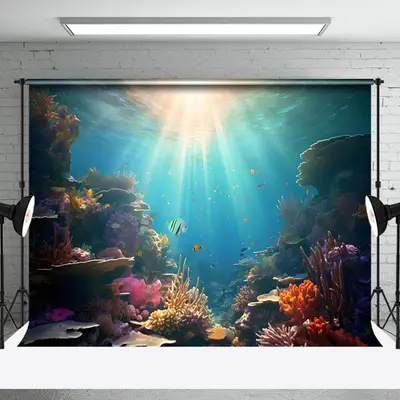 Mysterious Light Fish Seaweed Blue Undersea Backdrop - Aperturee