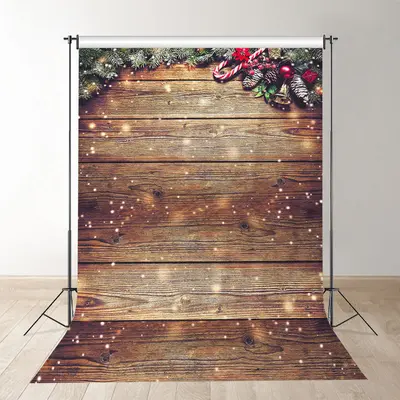Aperturee Snowy Wooden Pine Christmas Cane Photograph Backdrop