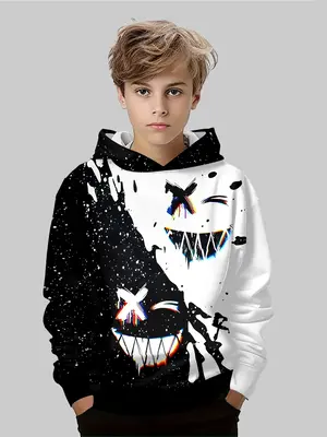 Boys' Fashion 3D Print Hoodie Sweatshirt, Long Sleeve Round Neck Pullover, Elastic Fabric for Fall & Winter, Casual Outdoor W...