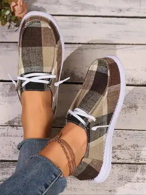 Women's Fashionable Plaid Pattern Lace Up Low Top Athletic Sneakers, Casual Comfortable Round Toe Sports Casual Shoes for Dai...