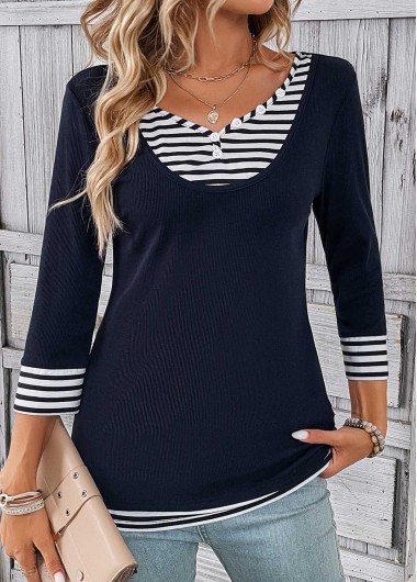 Modlily Navy Fake 2in1 Striped T Shirt - M