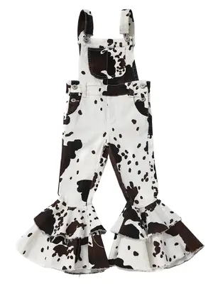Girls Cow Print Denim Flare Overall Pants