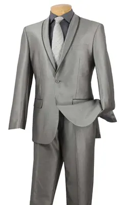 Vinci Men's Slim Fit Sharkskin Suit with Trimmed Shawl Lapel