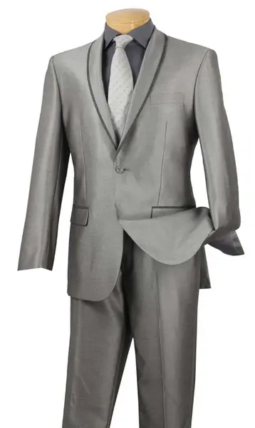 Vinci Men's Slim Fit Sharkskin Suit with Trimmed Shawl Lapel