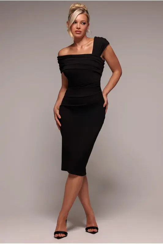Goddiva Scuba Crepe Pleated Drop Shoulder Midi Dress - Black