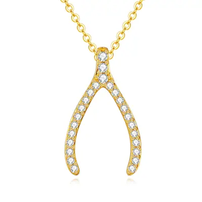 14K Gold Cubic Zirconia Wishbone Pendant Necklace