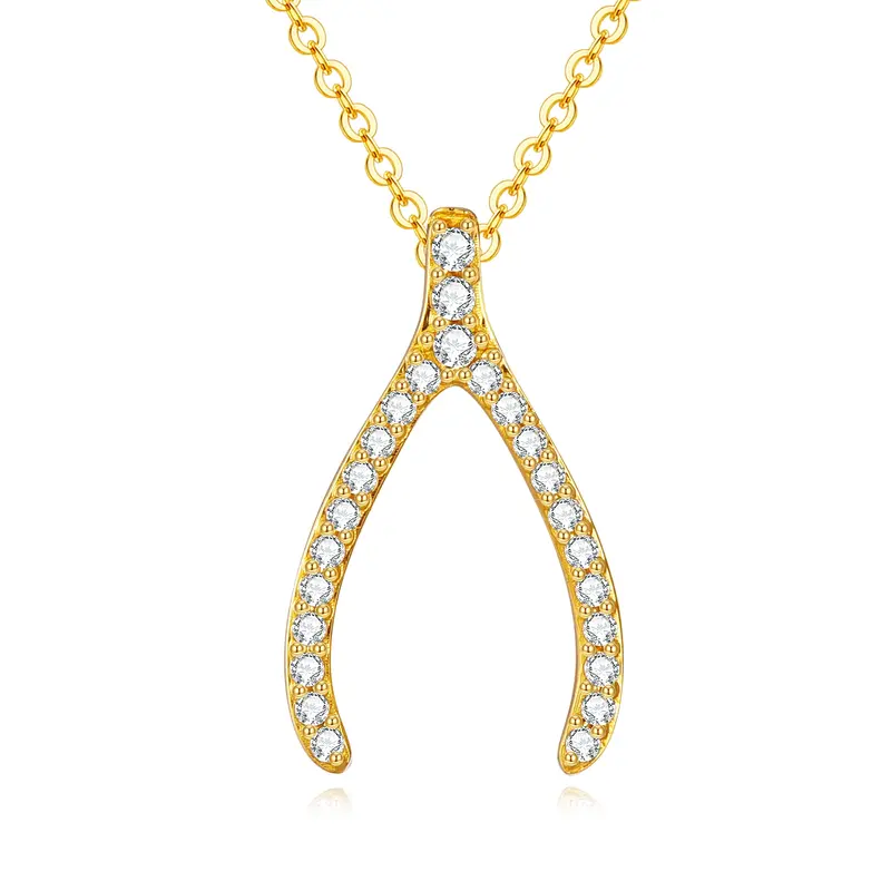 14K Gold Cubic Zirconia Wishbone Pendant Necklace