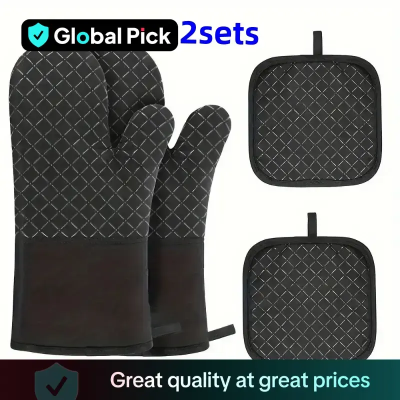 Silicone Heat Insulated Oven Mitts & Pot Holders Set (4 Counts/set), 2 Counts Non-slip Heat Resistant Oven Gloves & 2 Counts ...