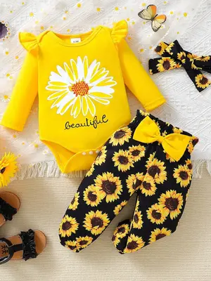 Three-piece Set Toddler Girl's Daisy Print Bodysuit & Pants & Bow Decor Headband Set, Cute Casual Long Sleeve Bodysuit & Trou...