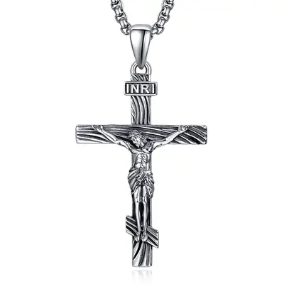 Sterling Silver INRI Jesus Cross Pendant Necklace for Men