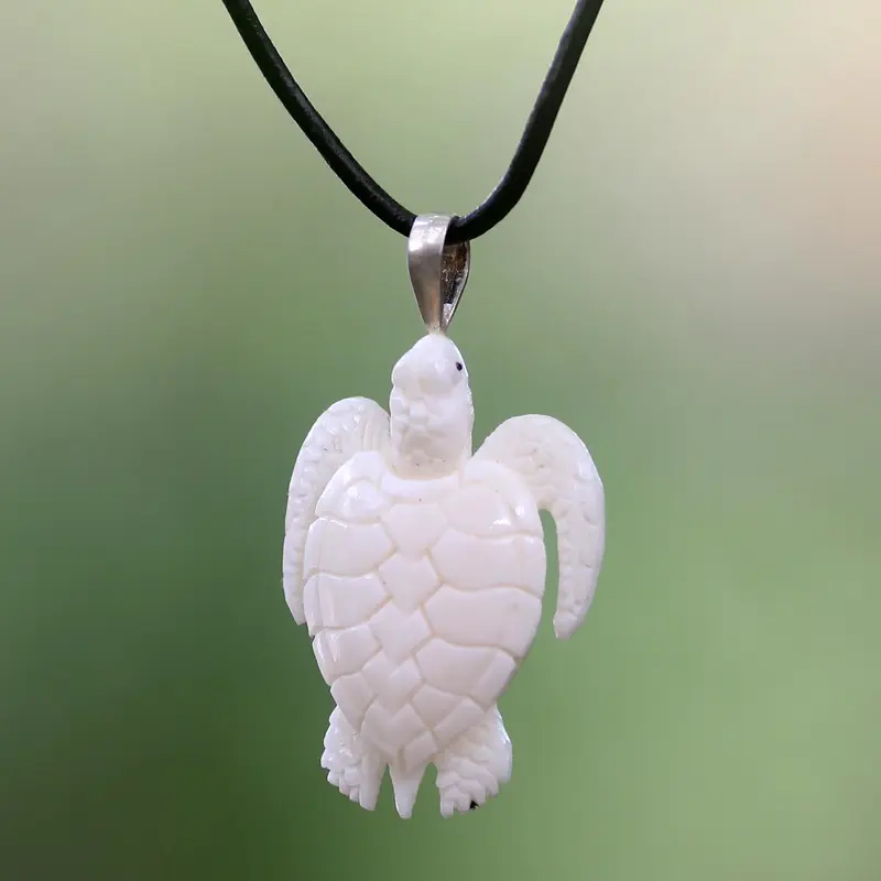 NOVICA White Turtle Cow Bone Pendant Necklace