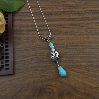 Exotic Ethnic Style Miao Silver & Synthetic Turquoise Drop Pendant Necklaces
