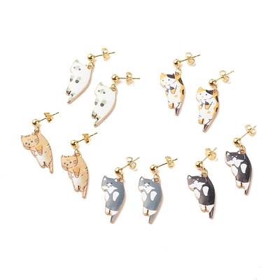 Alloy Cat Dangle Stud Earrings with Enamel