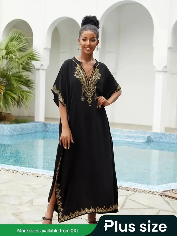 【Plus Size】Ethnic Pattern Split Hem Arabian Dress, Modesty Elegant Batwing Sleeve Notched Neck Long Dress, Islamic Summer...