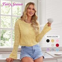 Fairy Season Women's Cardigan Very Lightweight Flared Long Sleeve Vacation Crew Neck Plain Design Crochet Cutout Button Knit ...