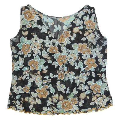 Mesh Sheer Womens Printed Top Black V-Neck Sleeveless Floral M