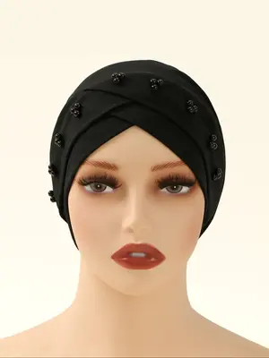 1pc Pearl Decorated Polyester Women’s Headscarf, Elegant and Convenient Design for Muslim Style, Modest Fashion Essential