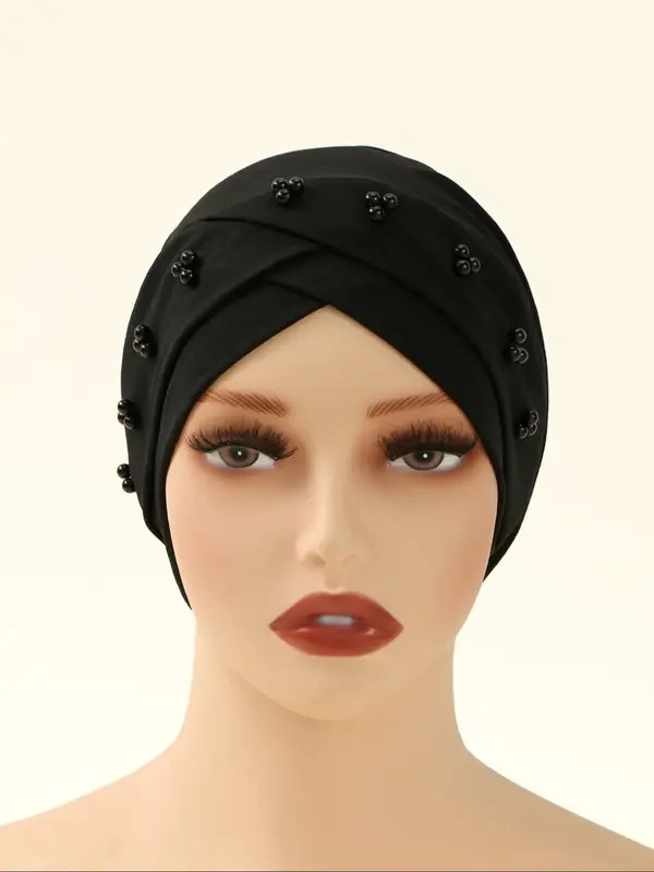 1pc Pearl Decorated Polyester Women’s Headscarf, Elegant and Convenient Design for Muslim Style, Modest Fashion Essential