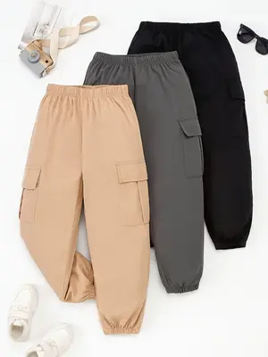 Boy's Solid Pocket Cargo Pants, Casual Comfy Trousers for Fall & Winter, Kids Bottoms for Daily Wear