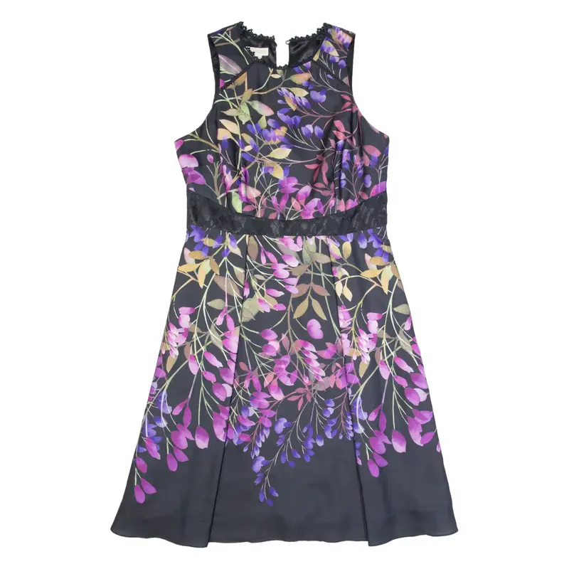 MONSOON Womens A-Line Dress Black Floral Sleeveless Midi UK 14