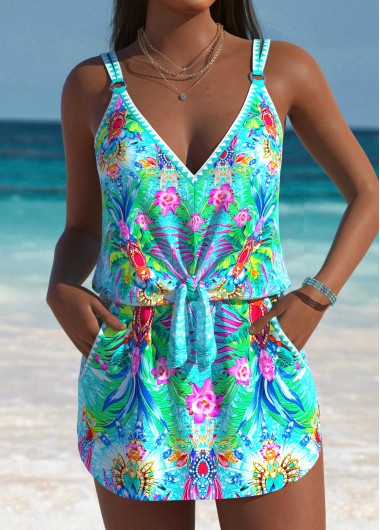 Modlily Tropical Plants Print Cyan One Piece Swimdress - L