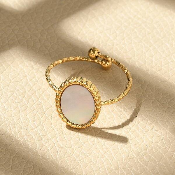 Oval 304 Stainless Steel White Shell Cuff Rings for Women