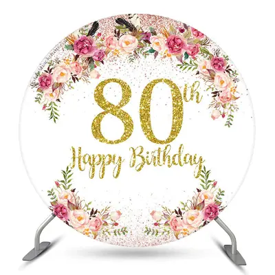 Aperturee Floral Glitter Happy 80Th Birthday Round Backdrop | Circle Party Backdrop | Custom Round Birthday Backdrop | Round ...