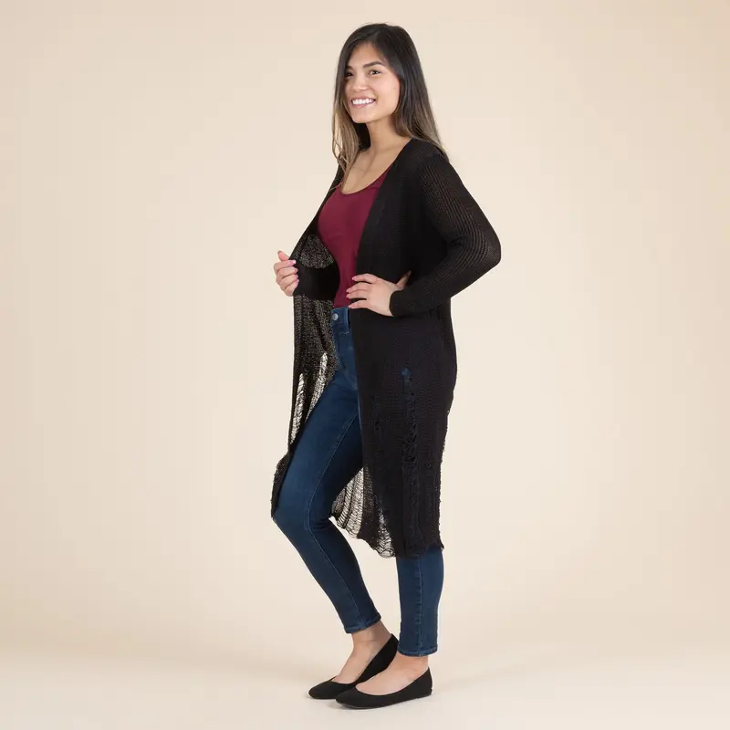 Distressed Long Cardigan - Gray - L/XL