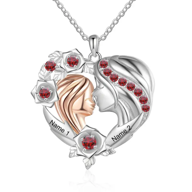 Sterling Silver Round Red Cubic Zircon Mother With Daughter Personalised Engraving With Birthstone Pendant Necklace For Women