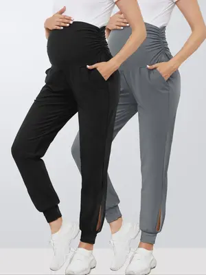 Maternity Solid Pocket  Jogger Pants, Casual Comfy Breathable Trousers  for Yoga Gym Workout, Maternity Bottoms for Summer