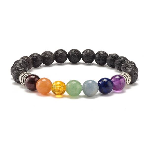Natural Lava Rock & Mixed Stone Round Beads Stretch Bracelet