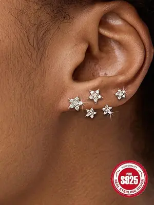 S925 Sterling Silver Star Design Cartilage Stud Earrings, Fashionable Earrings for Women & Girls, Trendy All-match & Exquisit...