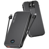 Ultra Slim 12000mAh Portable Power Bank with Built-in AC Plug, Dual Cables & Dual USB Outputs, 22.5W Super Fast Charging, LED...
