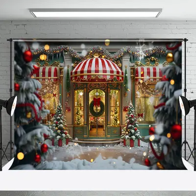 Luxury Green Red Door Trees Snowy Christmas Backdrop