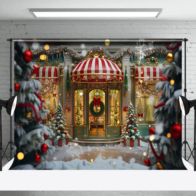 Luxury Green Red Door Trees Snowy Christmas Backdrop