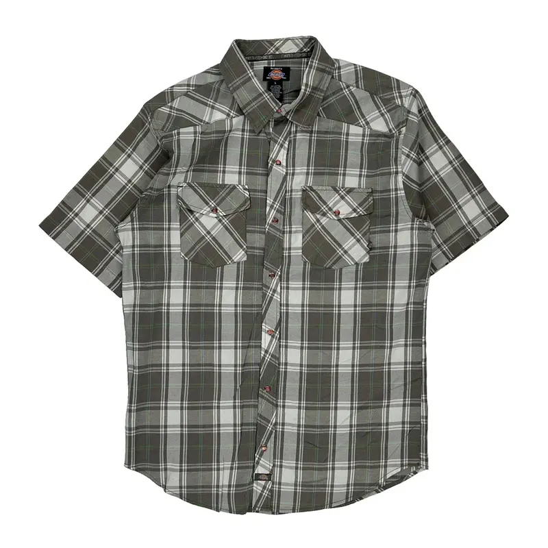 Dickies Checked Short Sleeve Shirt - Large Grey Cotton Blend