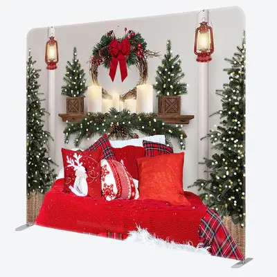 Aperturee Red Bed Tree Light Christmas Tension Fabric Backdrop - Aperturee