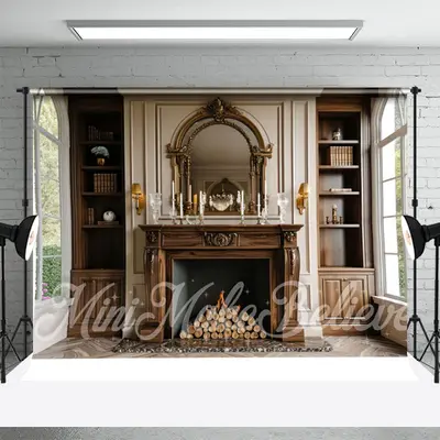 Vintage Wooden Fireplace Window Cake Smash Backdrop - Aperturee