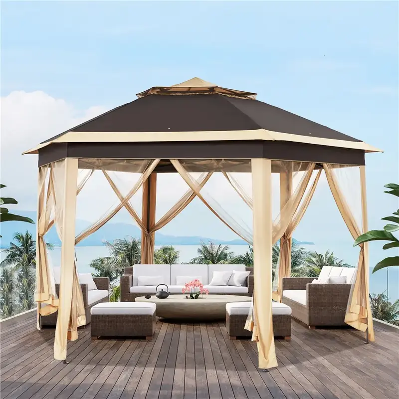 【Button Lift&Lock】Yaheetech 13x13 Pop up Gazebo, Hexagonal Outdoor Canopy Shelter, Instant Patio Gazebo Sun Shade Canopy ...