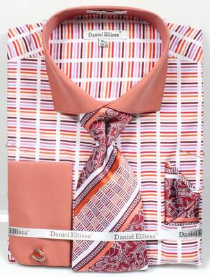 Men's Wide Spread Collar Contrast Cuff Horizontal Multi Stripe Dress Shirt & Tie Set In Rust