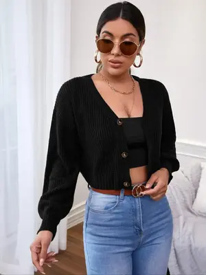 Women's Button Front Crop Cardigan Sweater, Casual Black Bishop Sleeve Knit Cardigans, Autumn Fashion Clothes