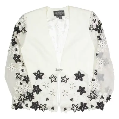 MOSHITA Floral Embroidery Sheer Womens Blazer Jacket White XL