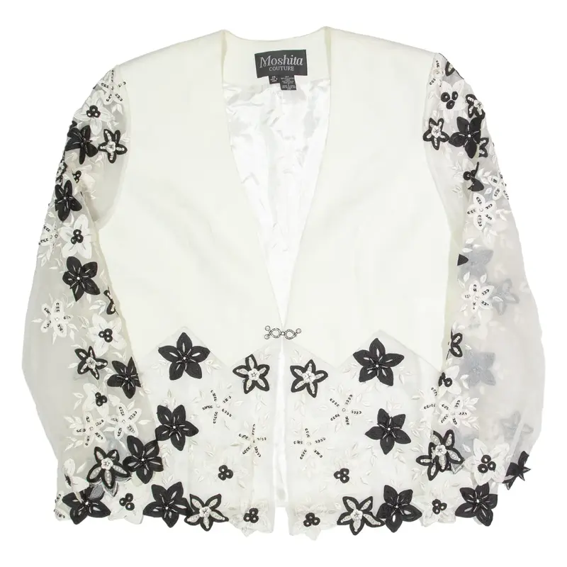 MOSHITA Floral Embroidery Sheer Womens Blazer Jacket White XL